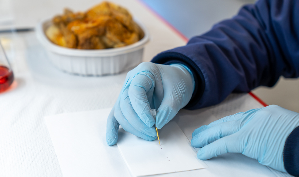Gloved hands holding a very fine pipette in a lab in the foreground. In the background is a roast chicken, presumably being tested for salmonella contamination.