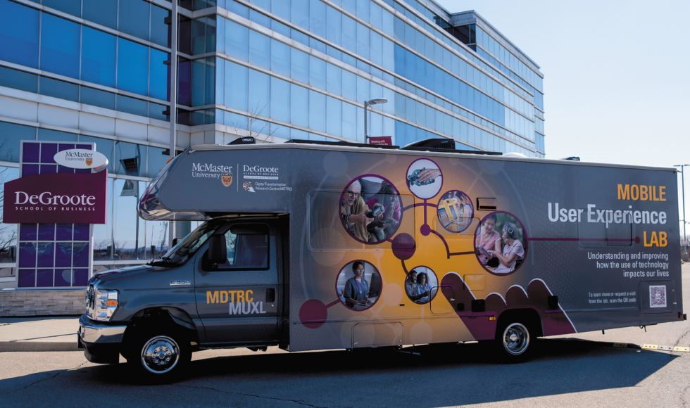 A bus parked outside the DeGroote School of Business. Text on the side of the bus reads, 'Mobile User-Experience Lab.’