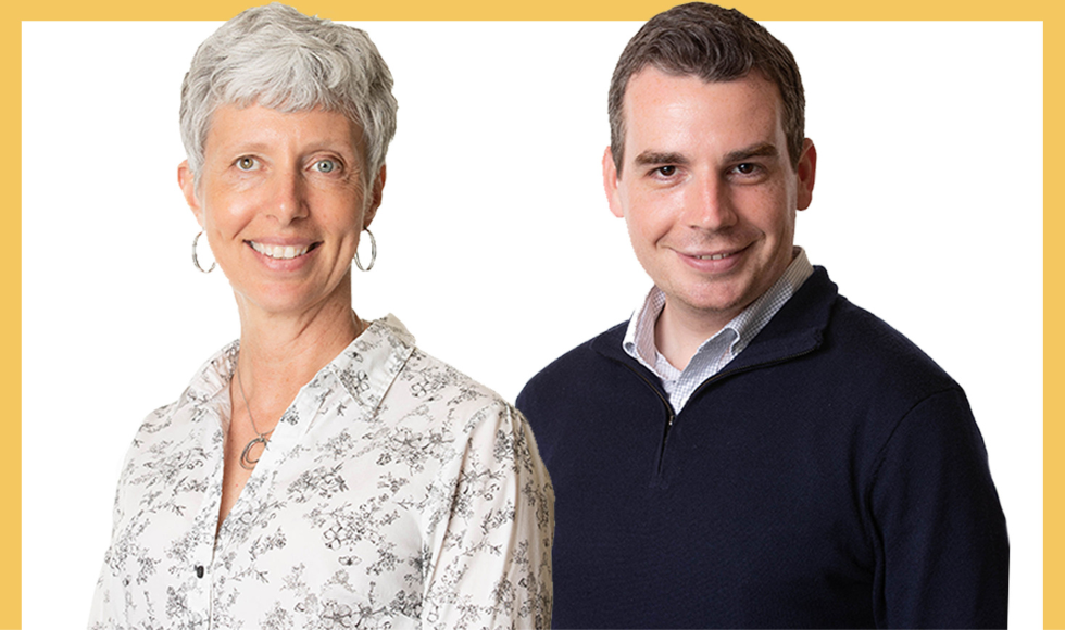 Two headshots, one of Lori Burrows, and one of John Whitney, against a white background with a yellow border