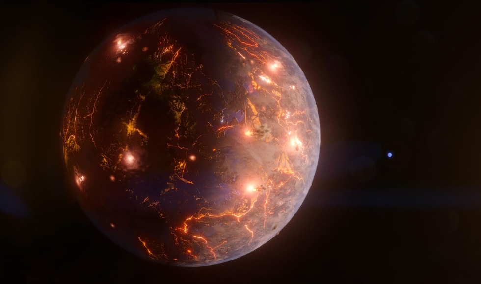 An illustration of the new exoplanet, shown as a dark sphere with a network of bright red-orange veins all over.