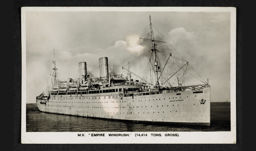 A black and white postcard dated 1948 showing the SS Windrush