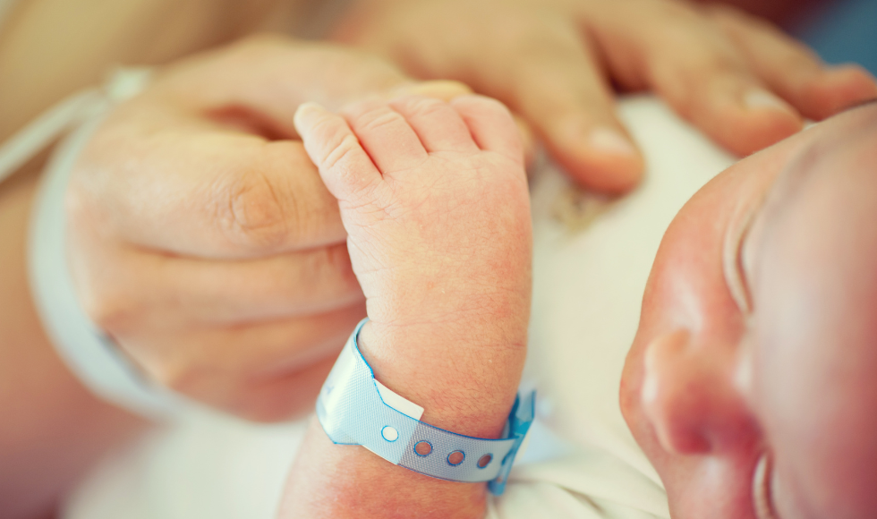 An adult hand holding the hand of a newborn baby that has a hospital bracelet on their wrist
