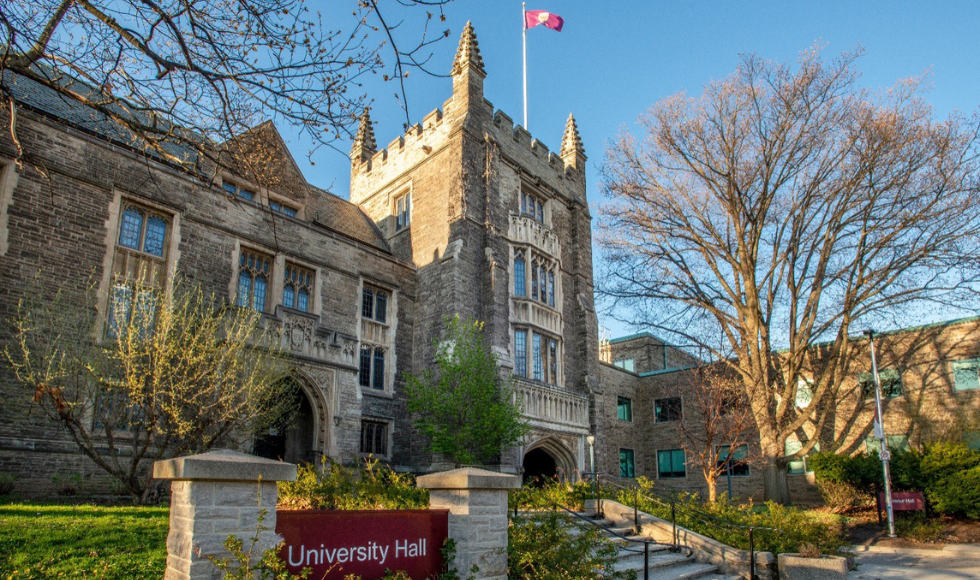 Exterior of University Hall on a crisp fall day