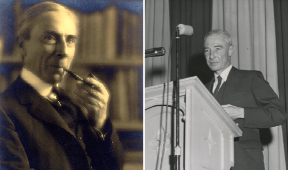 side by side photos of Bertrand Russell and J. Robert Oppenheimer