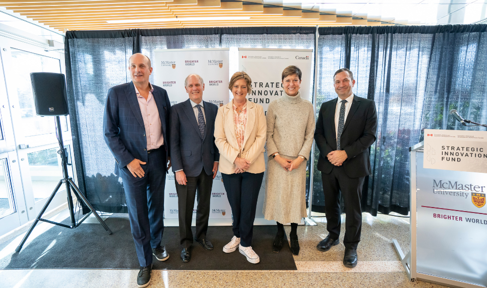 From left to right: Owen Roberts, Chief Executive Officer of the Centre for Probe Development & Commercialization (CPDC), David Farrar, President of McMaster, Lisa Hepfner, MP for Hamilton Mountain, Pam Damoff, Member of Parliament (MP) for Oakville North – Burlington and Dave Tucker, McMaster’s Chief Nuclear Officer and Associate Vice-President, Nuclear.