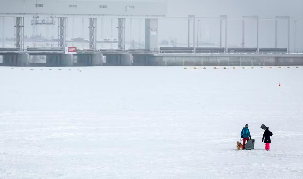 A couple and a dog walk across a frozen lake