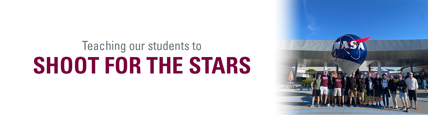 A graphic that reads, 'Teaching our students to shoot for the stars,' and features a photo of students in front of the NASA Space Centre in Florida