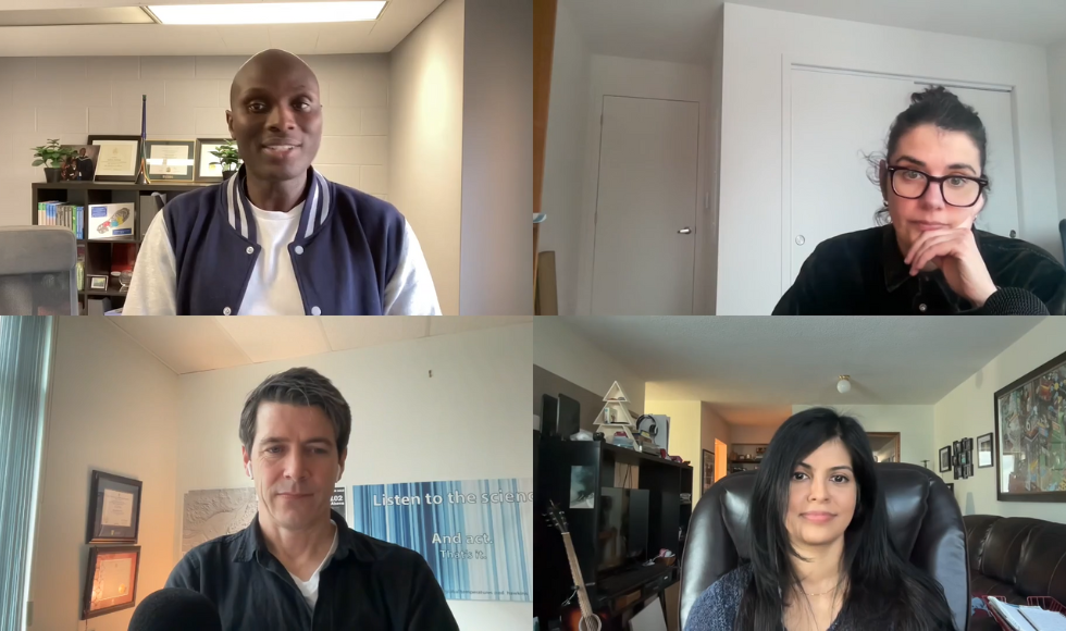 Screenshot of a video call featuring 4 speakers.