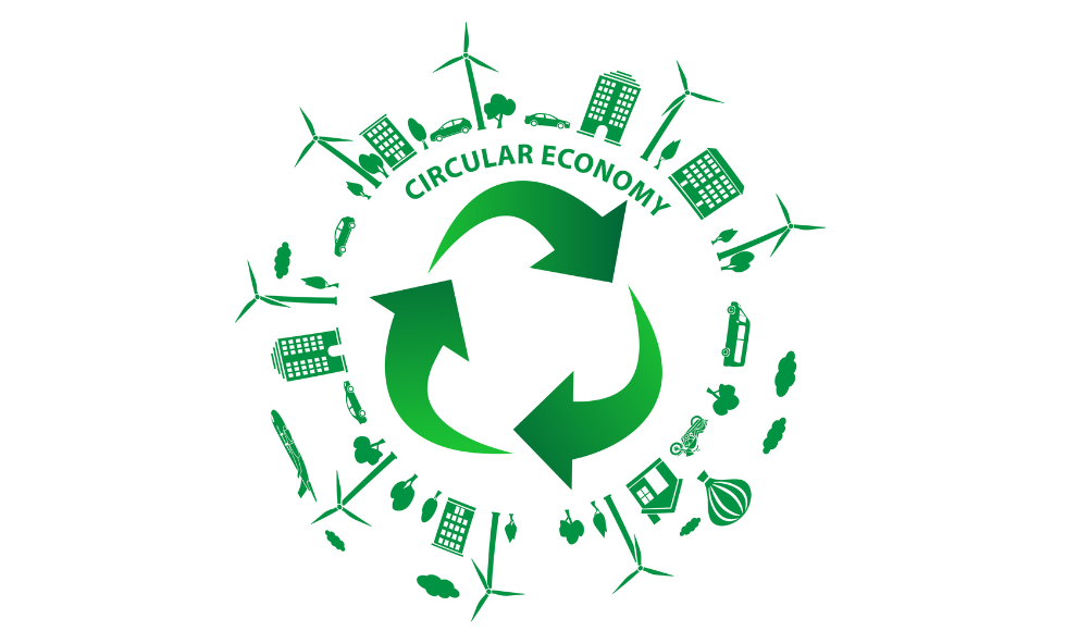 Green and white illustration of a circular economy with arrows and symbols for energy, consumption and production