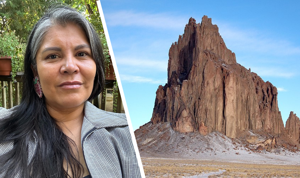 a headshot of Renae Watchman and an image of the famous New Mexico landmark Tsé Bitʼaʼí, which settlers renamed Ship Rock.