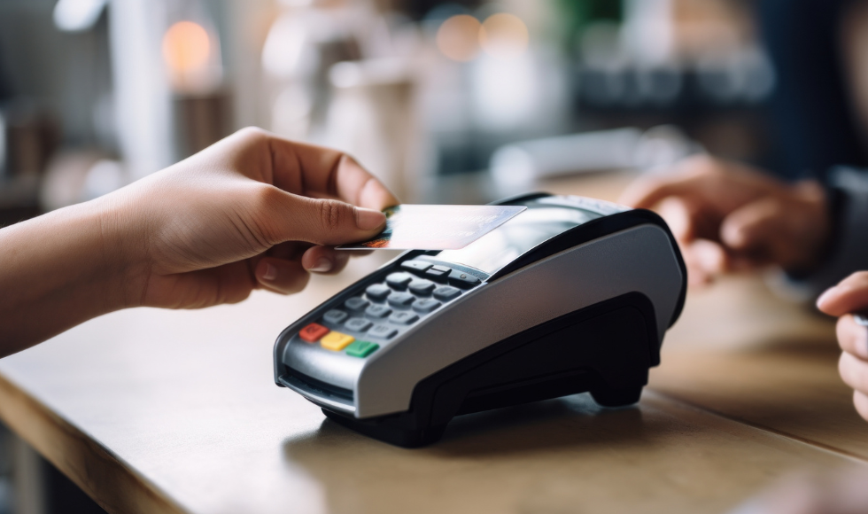 A hand holding a credit or debit card over a payment terminal