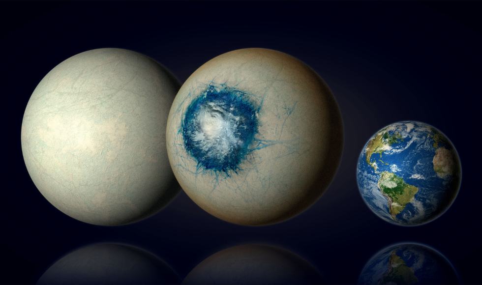 A model of two planets and Earth. The first two planets, which are about twice the size of Earth, are beige, while the second one has a patch of blue on it.