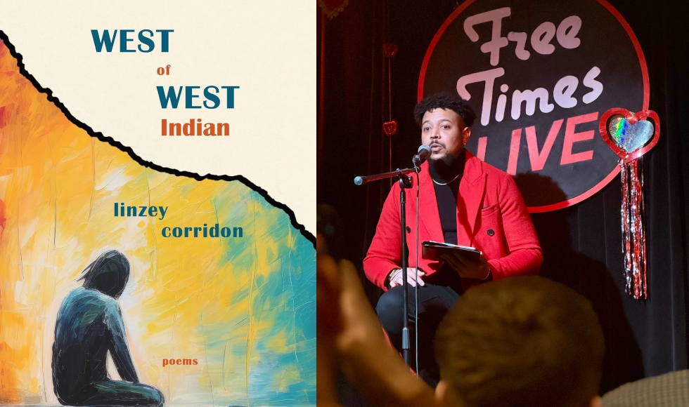 Two photos side-by-side. On the left is a book cover with text that reads, ‘West of West Indian - linsey corridon - poems.’ On the right is a photo of Corridon seated on a stage and speaking into a microphone.