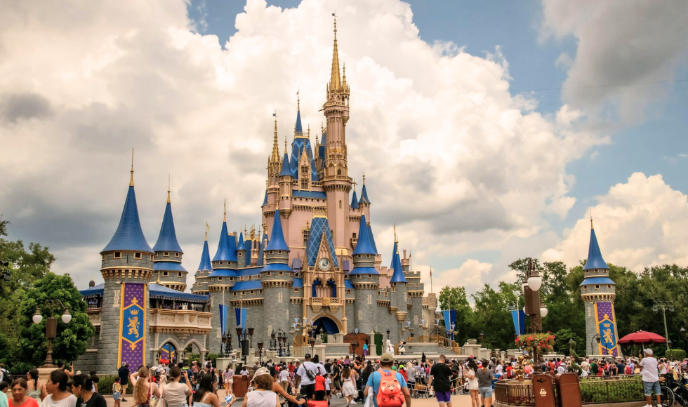 The Disney castle seen from far off, with a crowd of visitors in front of it.