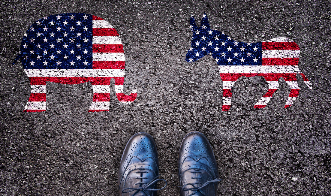 Seen from above like a person looking down at their feet: Black brogues on asphalt positioned between a stars and stripes-painted elephant to the left and a stars-and-stripes painted donkey to the right.