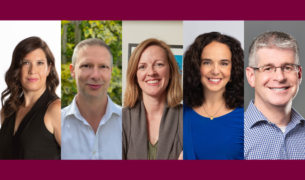 A grid of five headshots set against a maroon background