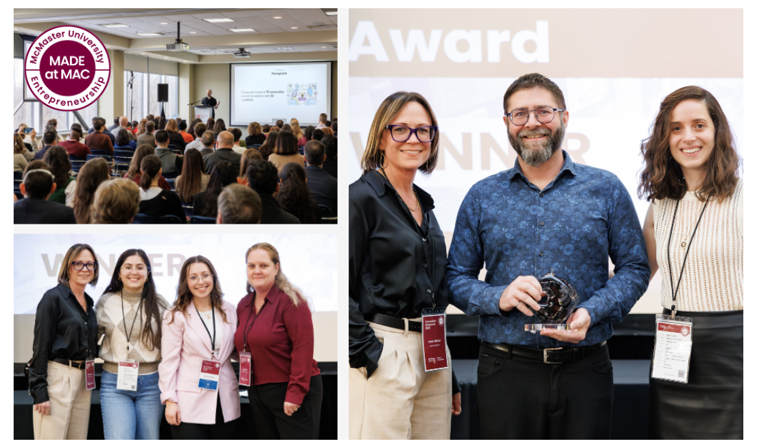 A grid of three photos showing scenes from the Innovation Showcase 2024 event. One image is a room full of people seen from behind as they watch a presentation. The other pictures are of smiling people standing side-by-side in groups of three and four.