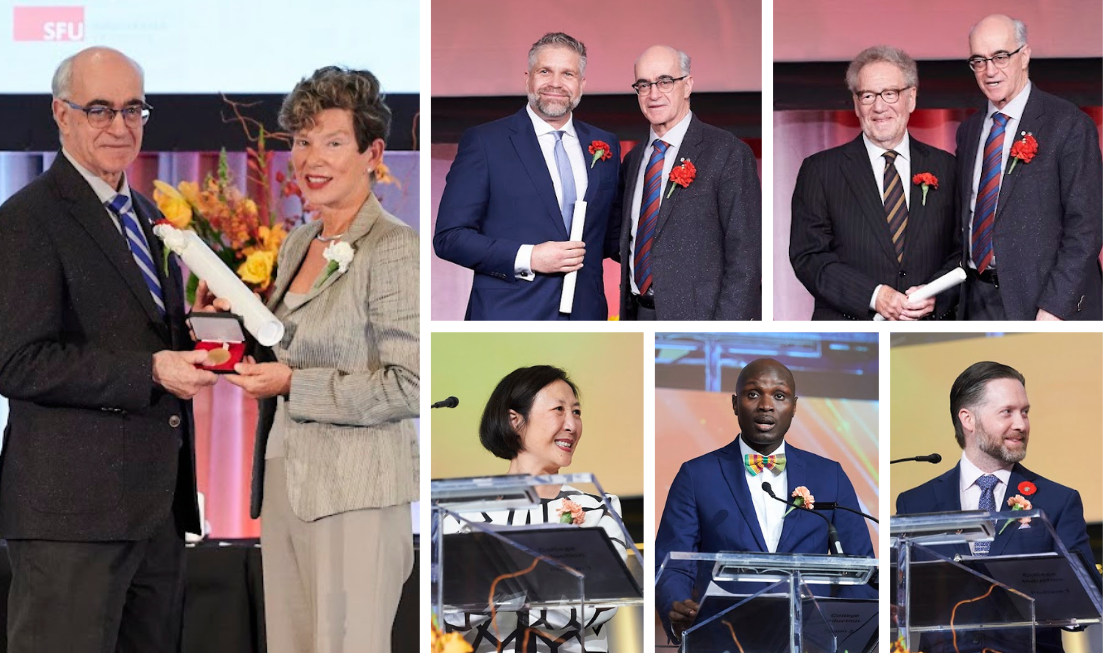 A grid of six photos, each showing a McMaster researcher either speaking at a podium or receiving an award from a man in a suit.