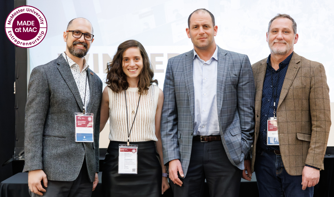 Four smiling people stand side by side. They are Matthew Rosato, Leyla Soleymani, Anthony Rullo and Robert Verhagen. There is a 