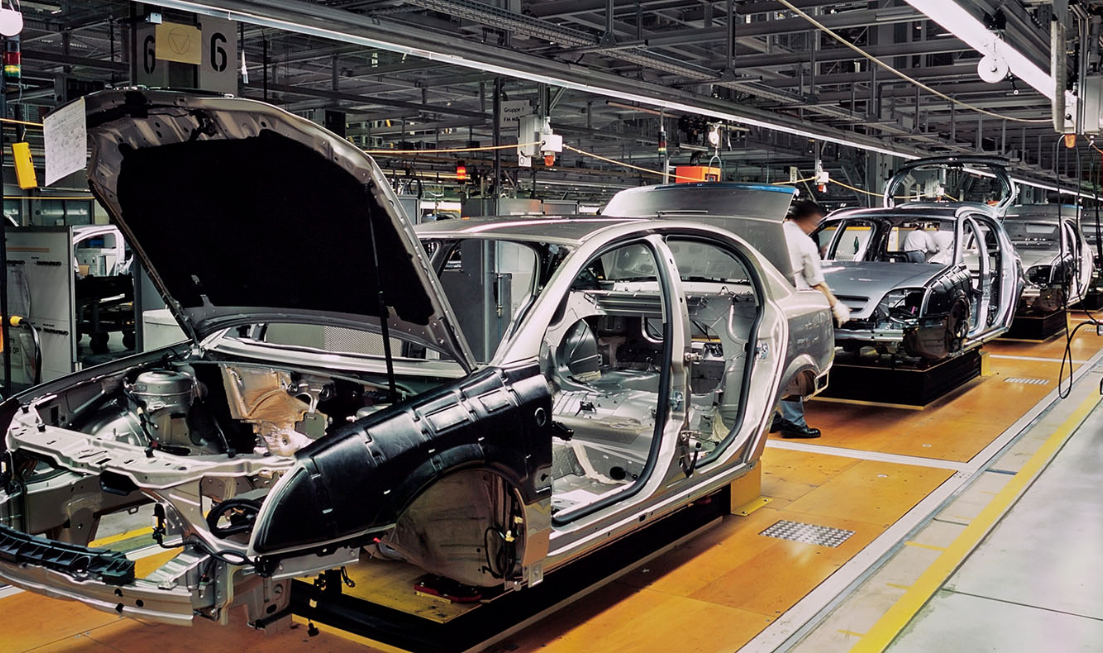 Automotive assembly line in a factory.