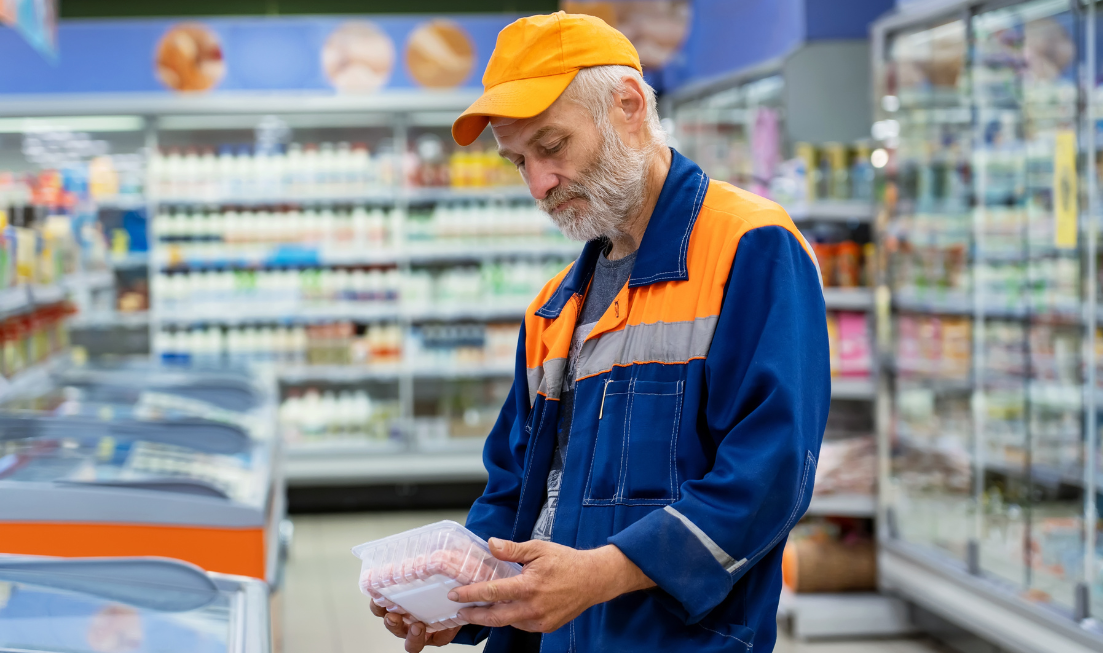 A bearded man in a ball cap checks out the label on packaged food at the grocery store