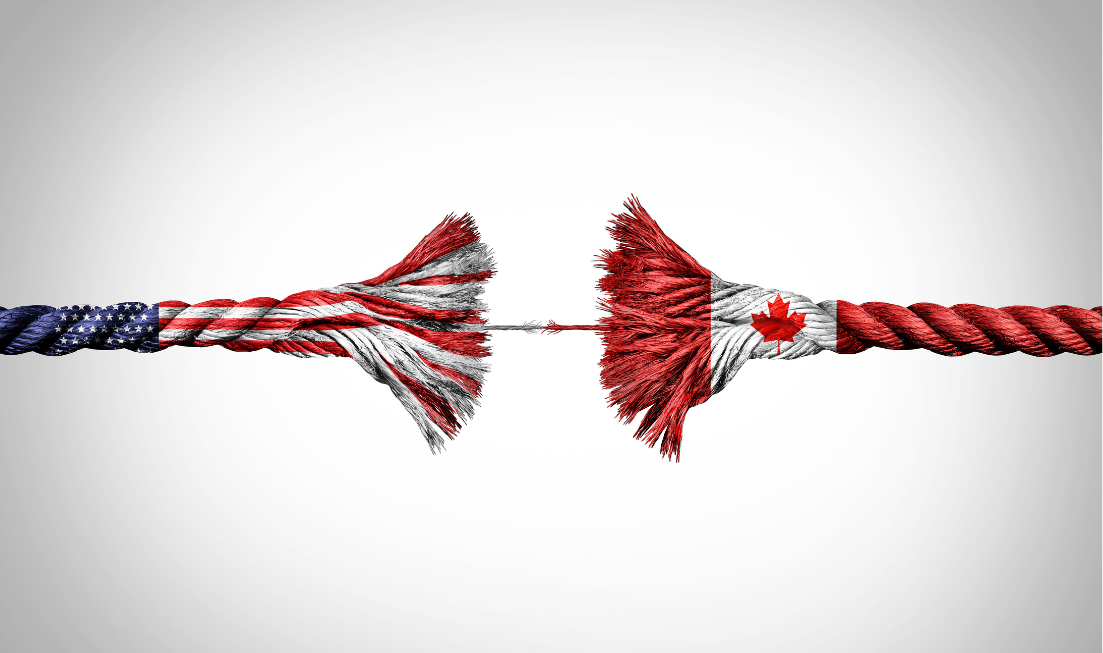 Illustration of a frayed rope with the two sides connected by one fragile thread: one side is patterned with the US flag, the other with the Canadian flag.