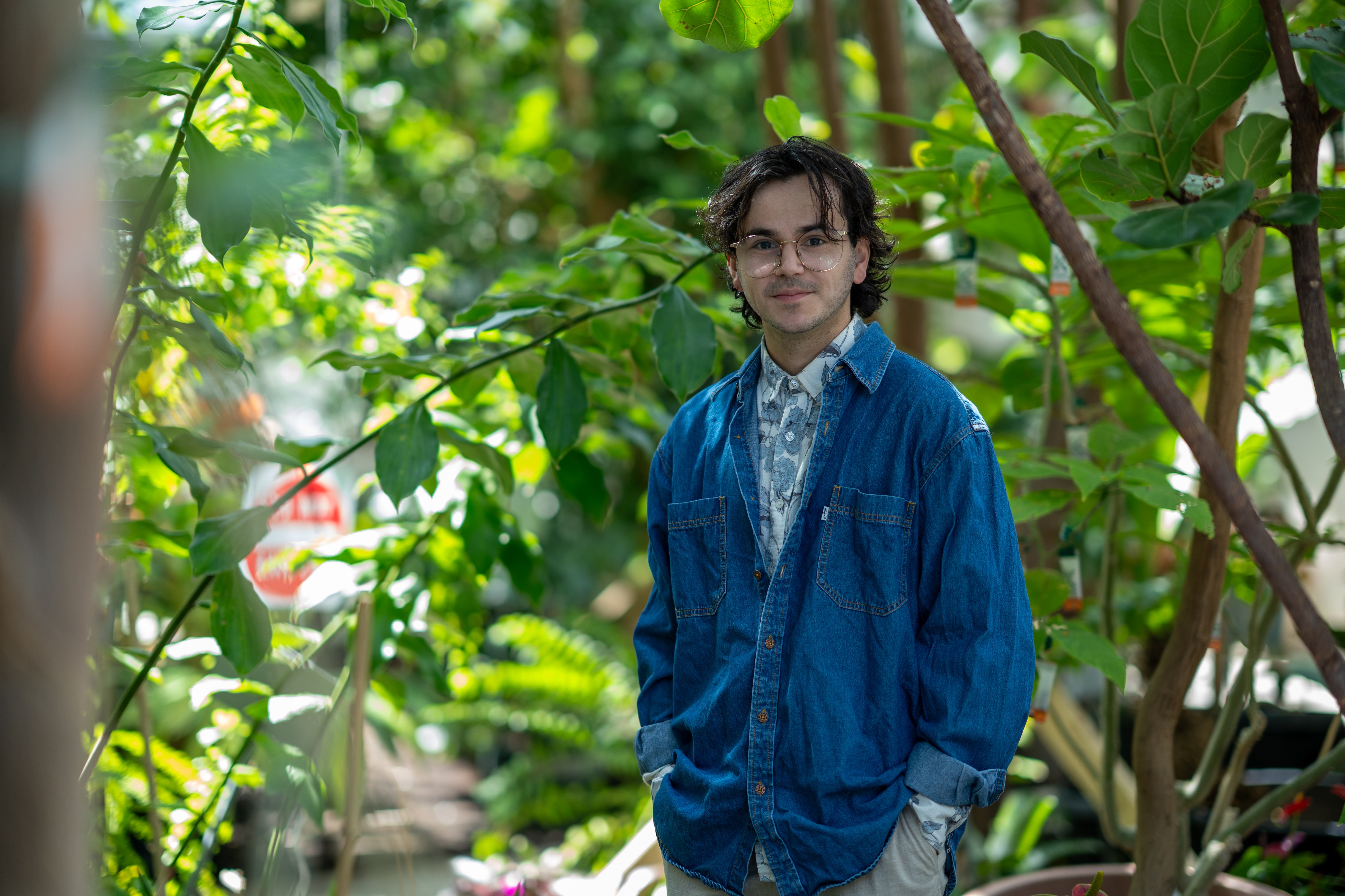 A man stands in a greenhouse.