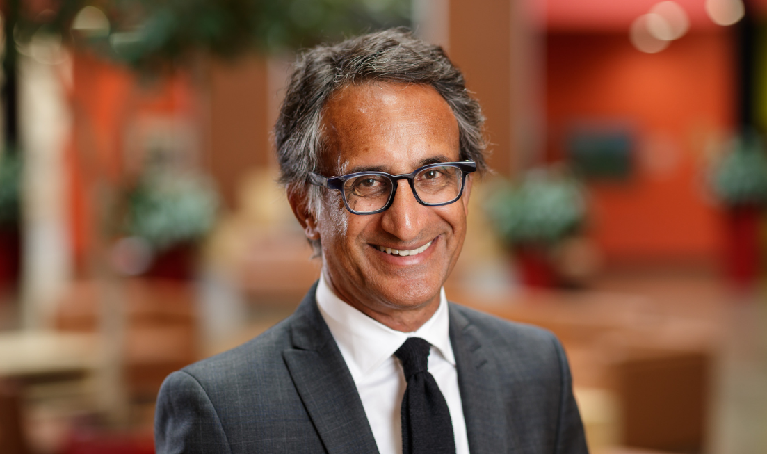 Headshot of a smiling Parminder Raina, wearing a suit and tie