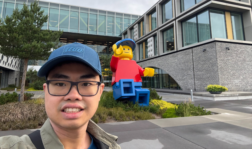 Pierce Kam outside of The Lego Group building in Billund, Denmark.