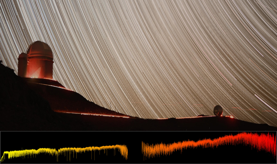 A nighttime slow exposure image above a colourful graph