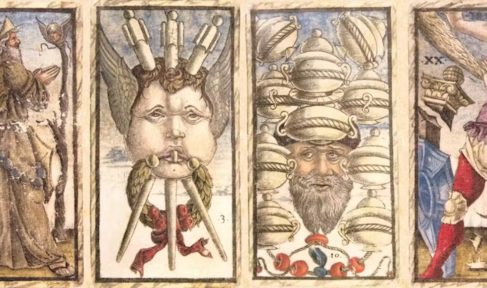Four tarot card images side by side.