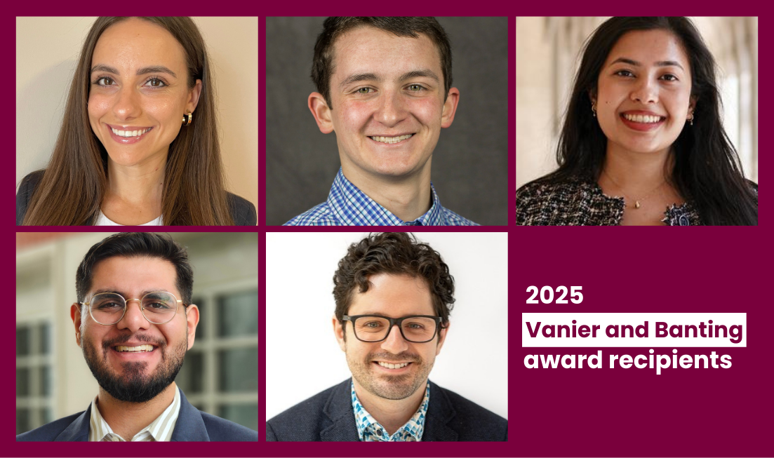 Headshots of five smiling people and text that reads: 2025 Vanier and Banting award recipients