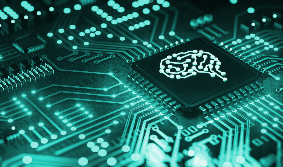Digital illustration of a central computer processor surrounded by glowing circuitry, symbolizing artificial intelligence and advanced data processing.