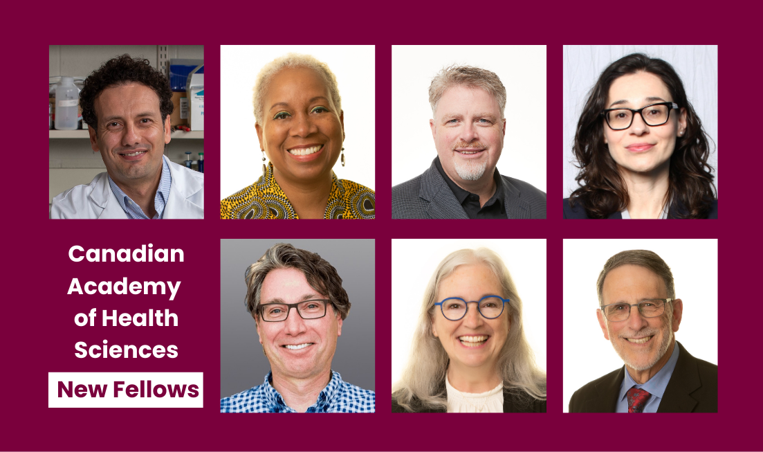 A grid of seven professors' headshots alongside text that reads 